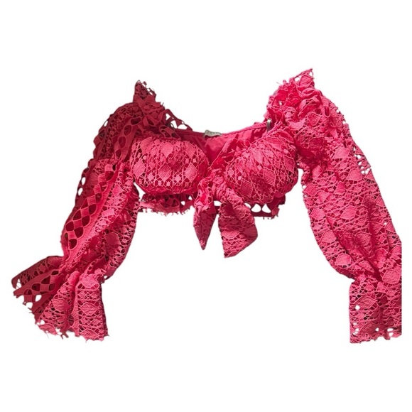 Women's Pink Lace Off-Shoulder Tie Front Top - Picture 2 of 6